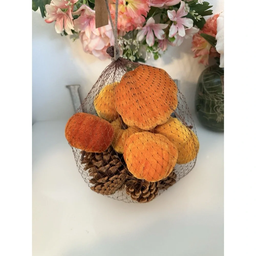 Fall 16 Pcs Velvet Pumpkin and Pinecones Net Bag Decoration Set Assort Sizes New